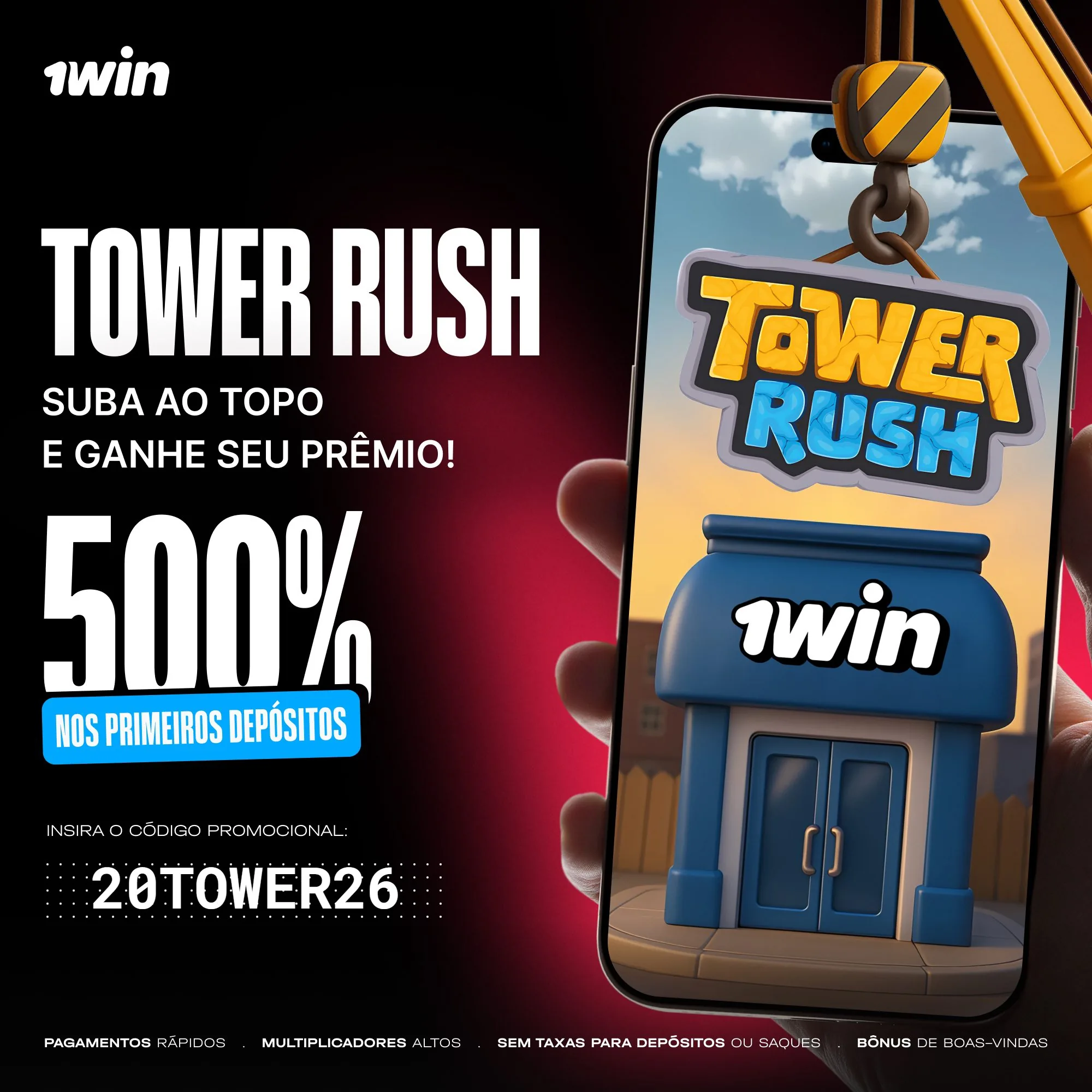 Promoção 1win Tower Rush: bônus 500% nos primeiros depósitos e código promocional 20TOWER26