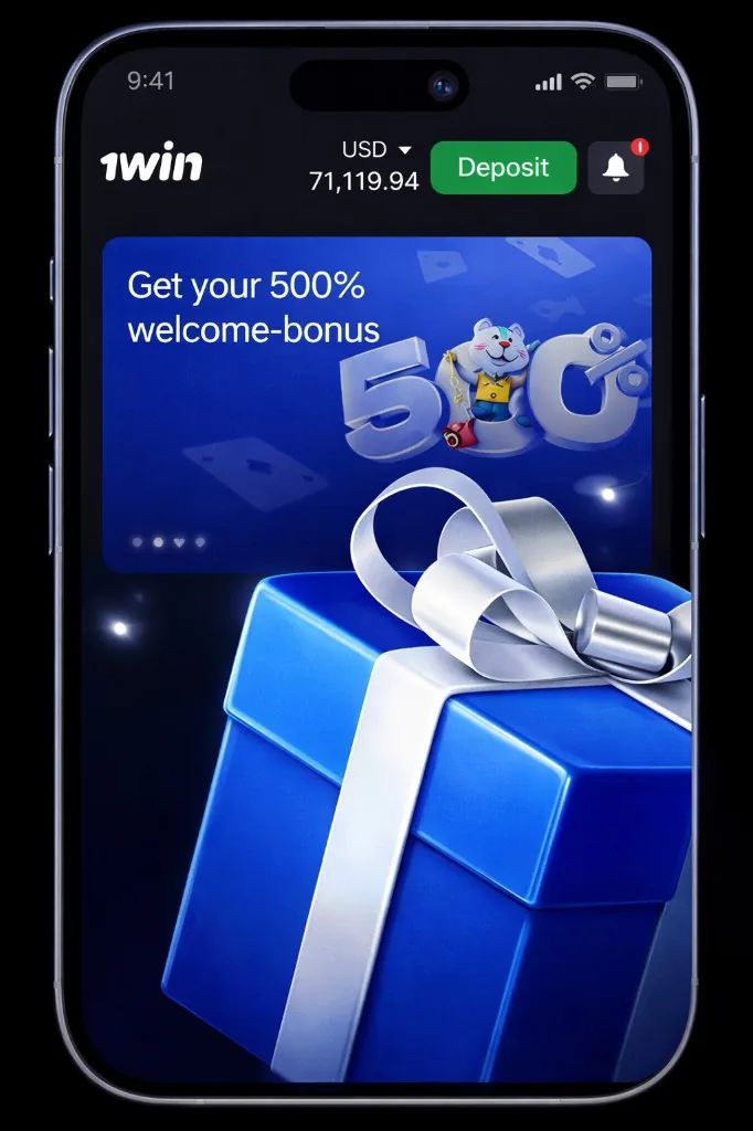 Promoção no app 1win com bônus de boas-vindas e destaque visual em smartphone
