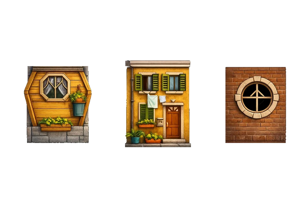 Três ilustrações de fachadas do Tower Rush: casa hexagonal de madeira, prédio amarelo com varal e parede de tijolos com janela circular — estilo cartoon