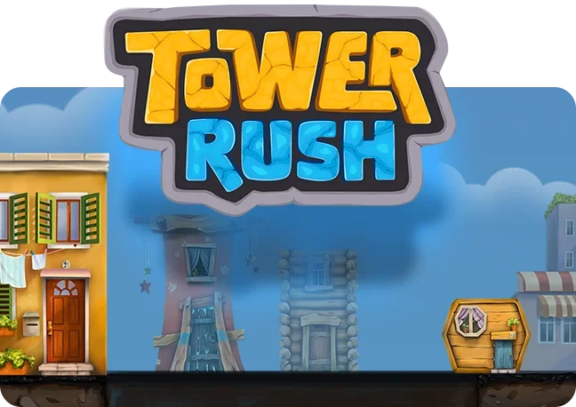 Logotipo Tower Rush — arte promocional com cenário de cidade colorida